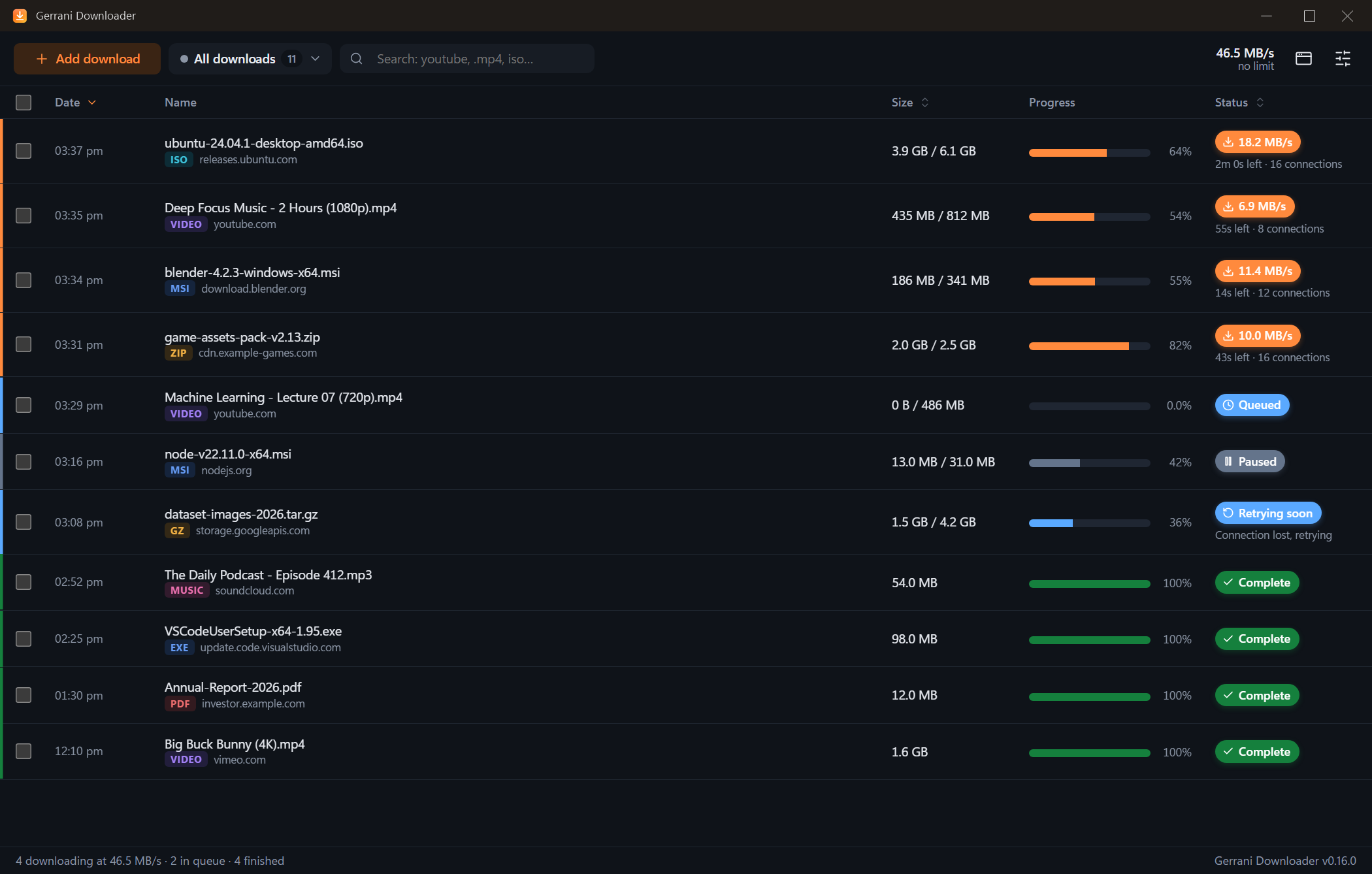 Gerrani Downloader downloading several files at once, with speed, time left and connections for each